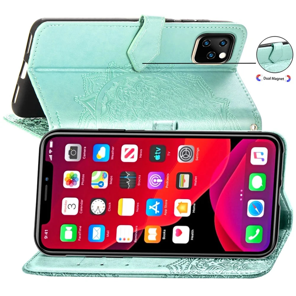 Embossed Mandala Flower Leather Wallet Stand Case for iPhone 11 6.1 inch (2019) - Cyan - 7