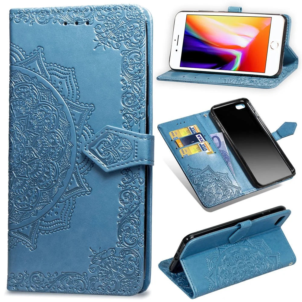 Embossed Mandala Flower Leather Wallet Case for iPhone SE (2020)/SE (2022)/8/7 - Blue - 1