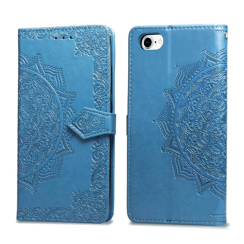 Embossed Mandala Flower Leather Wallet Case for iPhone SE (2020)/SE (2022)/8/7 - Blue - 2