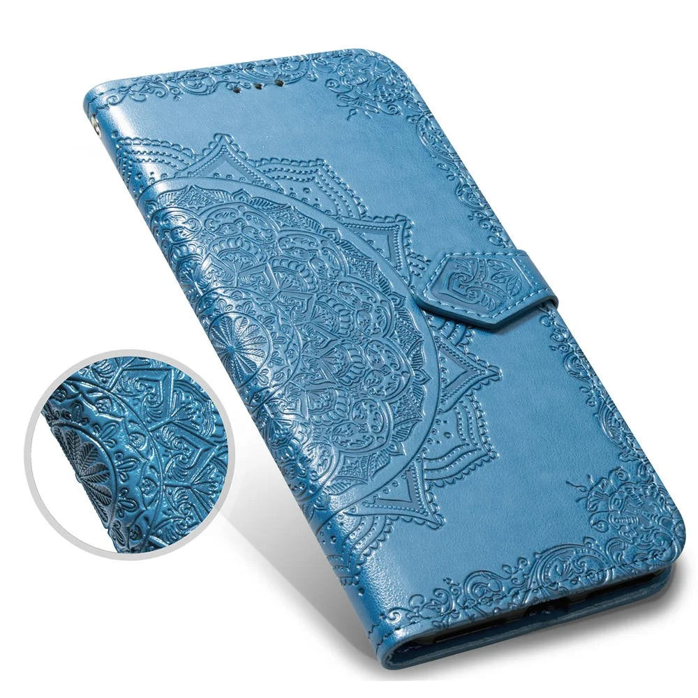 Embossed Mandala Flower Leather Wallet Case for iPhone SE (2020)/SE (2022)/8/7 - Blue - 3