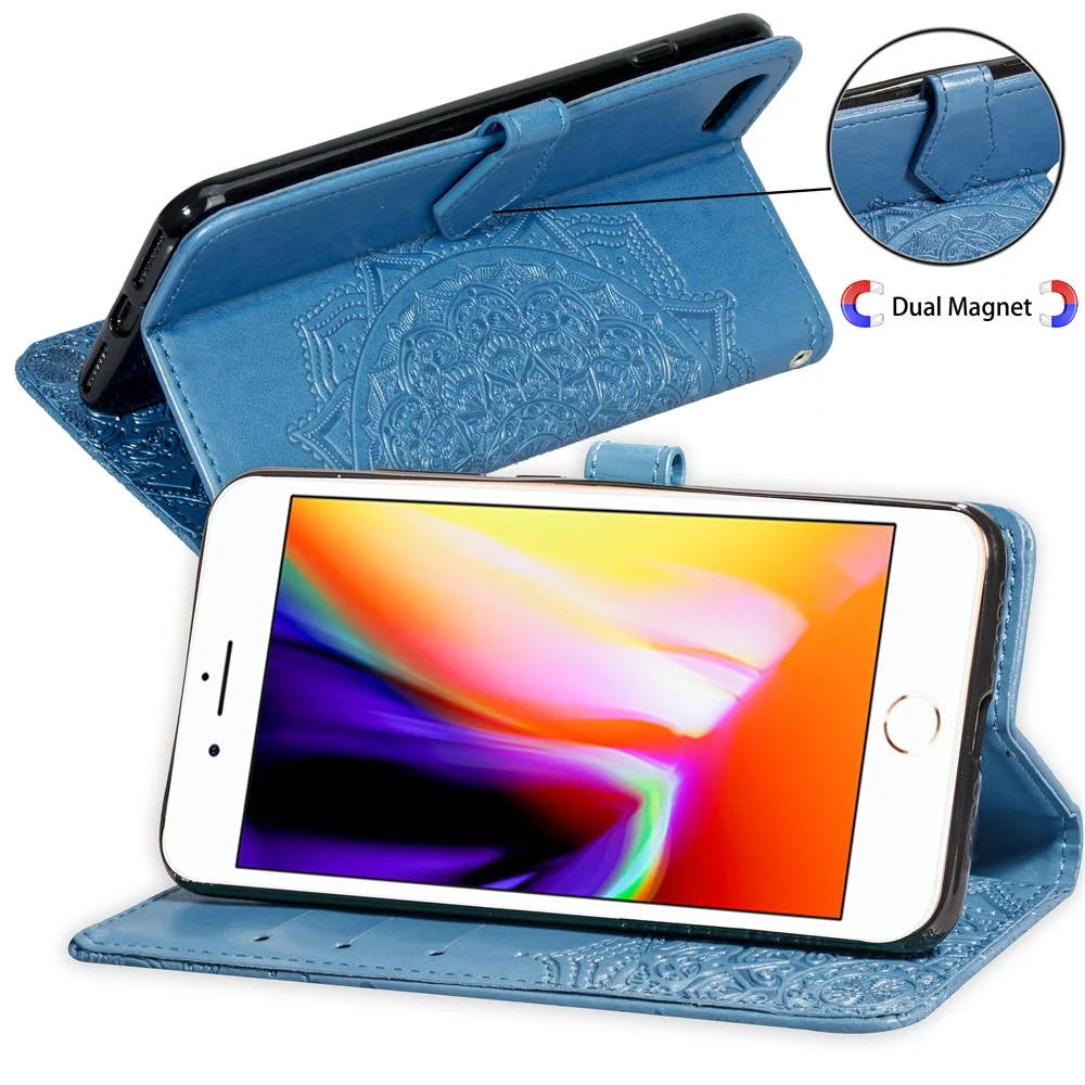 Embossed Mandala Flower Leather Wallet Case for iPhone SE (2020)/SE (2022)/8/7 - Blue - 5