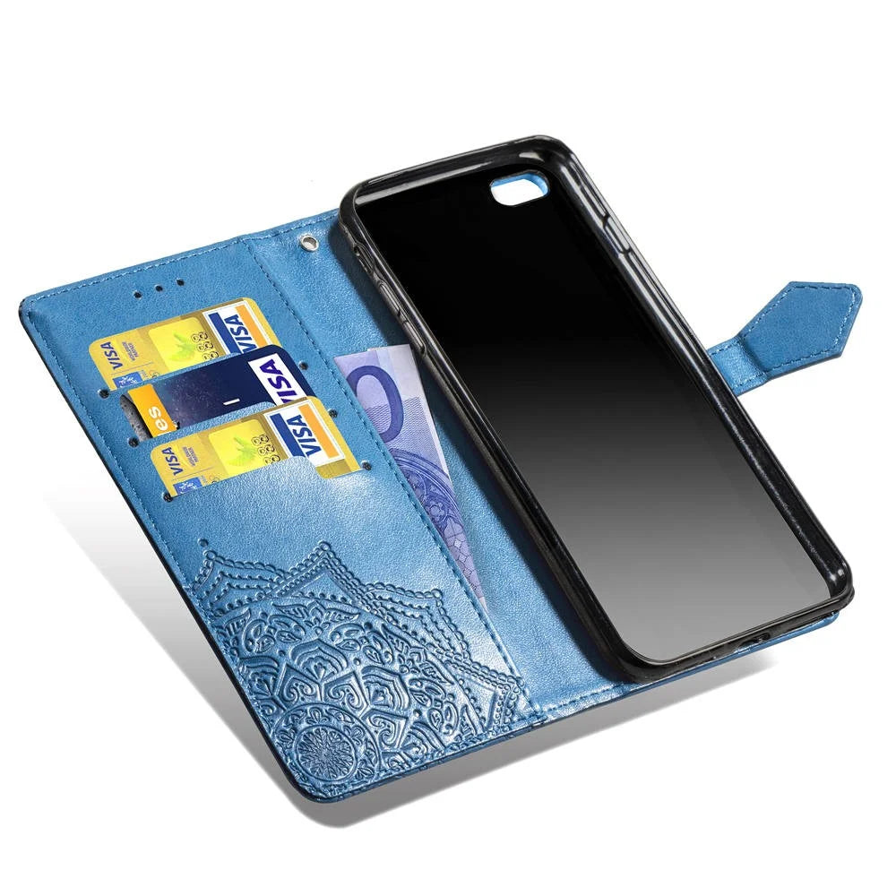 Embossed Mandala Flower Leather Wallet Case for iPhone SE (2020)/SE (2022)/8/7 - Blue - 7