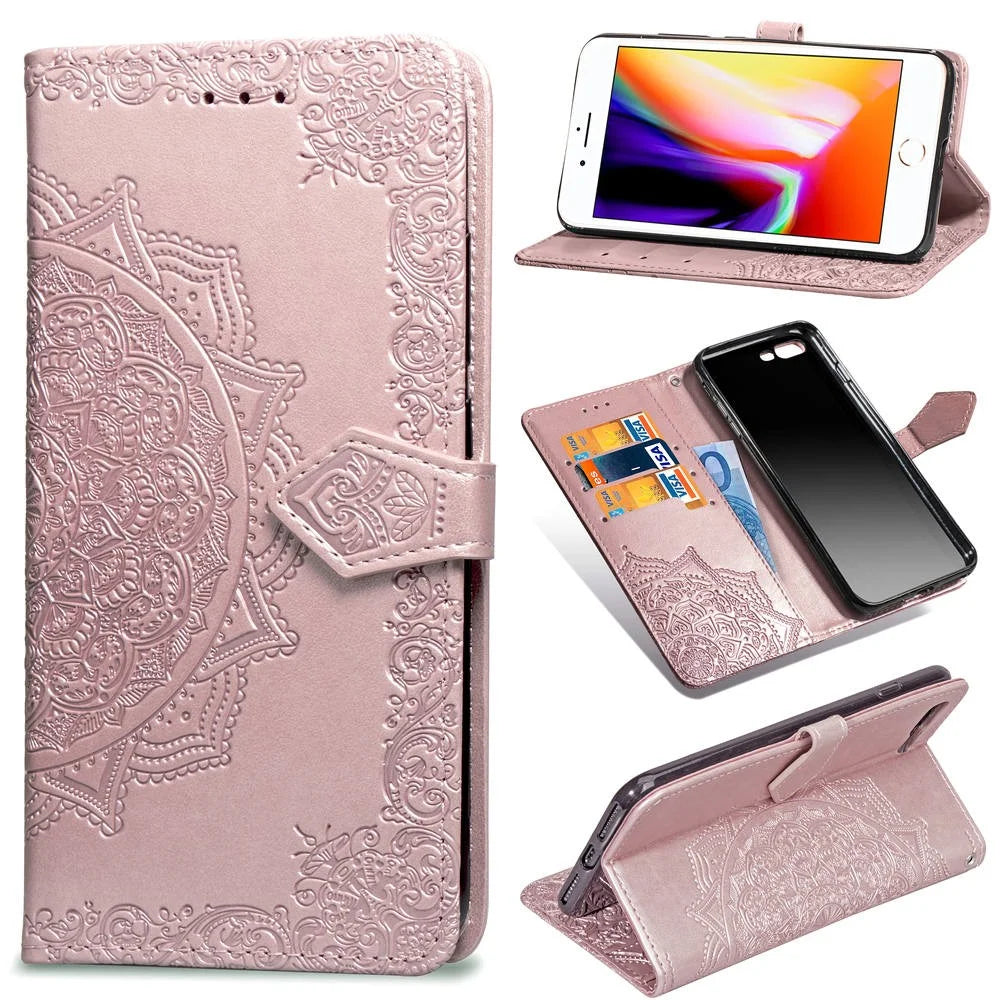 Embossed Mandala Flower Leather Wallet Case for iPhone 8 Plus / 7 Plus - Rose Gold - 1