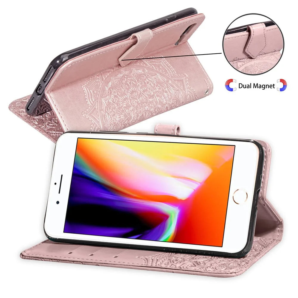 Embossed Mandala Flower Leather Wallet Case for iPhone 8 Plus / 7 Plus - Rose Gold - 7