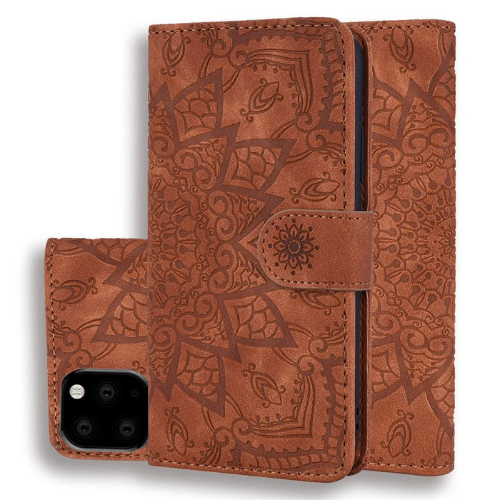 Imprint Mandala Flower Stand Wallet Leather Case Shell Cover for iPhone 11 6.1-inch (2019) - Brown - 1