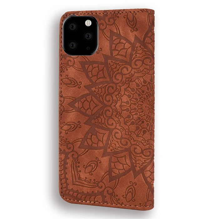 Imprint Mandala Flower Stand Wallet Leather Case Shell Cover for iPhone 11 6.1-inch (2019) - Brown - 3
