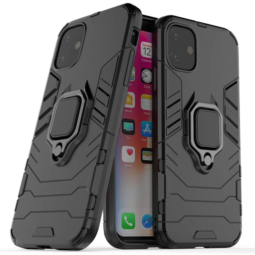 PC + TPU Combo Finger Ring Kickstand Cell Phone Cover Case for iPhone 11 6.1 inch (2019) - Black - 1