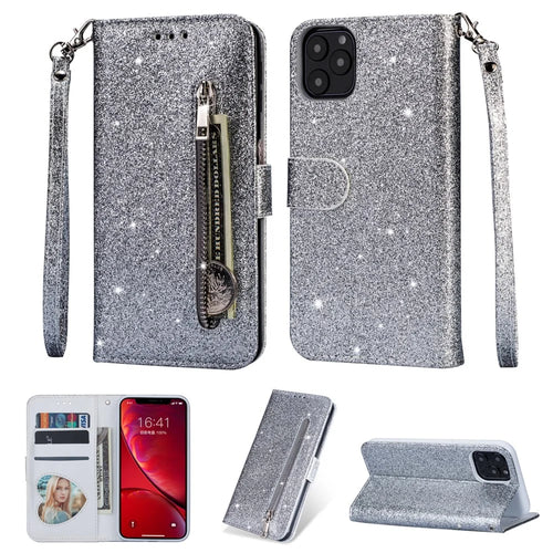 Flash Powder Zippered Stand Leather Wallet Cover with Strap for iPhone 11 6.1-inch (2019) - Silver - 1