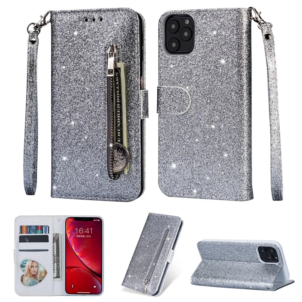 Flash Powder Zippered Stand Leather Wallet Cover with Strap for iPhone 11 6.1-inch (2019) - Silver - 1