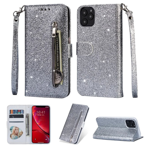 Flash Powder Zippered Stand Leather Wallet Cover with Strap for iPhone 11 6.1-inch (2019) - Silver - 1