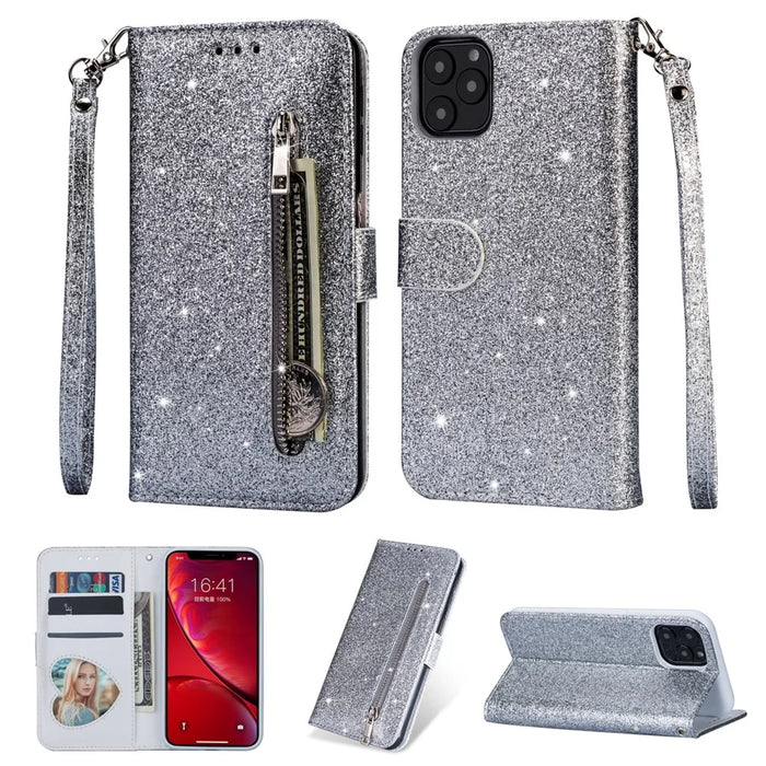 Flash Powder Zippered Stand Leather Wallet Cover with Strap for iPhone 11 6.1-inch (2019) - Silver - 1