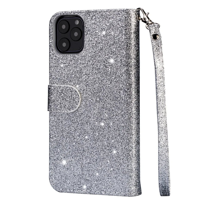 Flash Powder Zippered Stand Leather Wallet Cover with Strap for iPhone 11 6.1-inch (2019) - Silver - 3