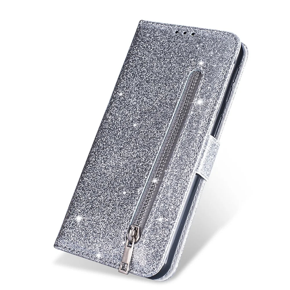 Flash Powder Zippered Stand Leather Wallet Cover with Strap for iPhone 11 6.1-inch (2019) - Silver - 6