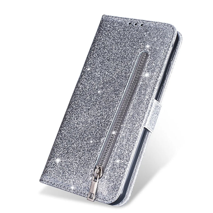 Flash Powder Zippered Stand Leather Wallet Cover with Strap for iPhone 11 6.1-inch (2019) - Silver - 6