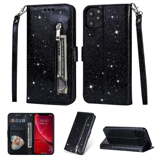Flash Powder Zipper Pocket Wallet Flip Leather Phone Cover with Strap for iPhone 11 Pro 5.8 inch (2019) - Black - 1