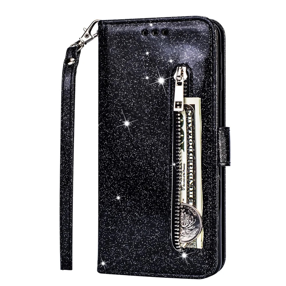 Flash Powder Zipper Pocket Wallet Flip Leather Phone Cover with Strap for iPhone 11 Pro 5.8 inch (2019) - Black - 2