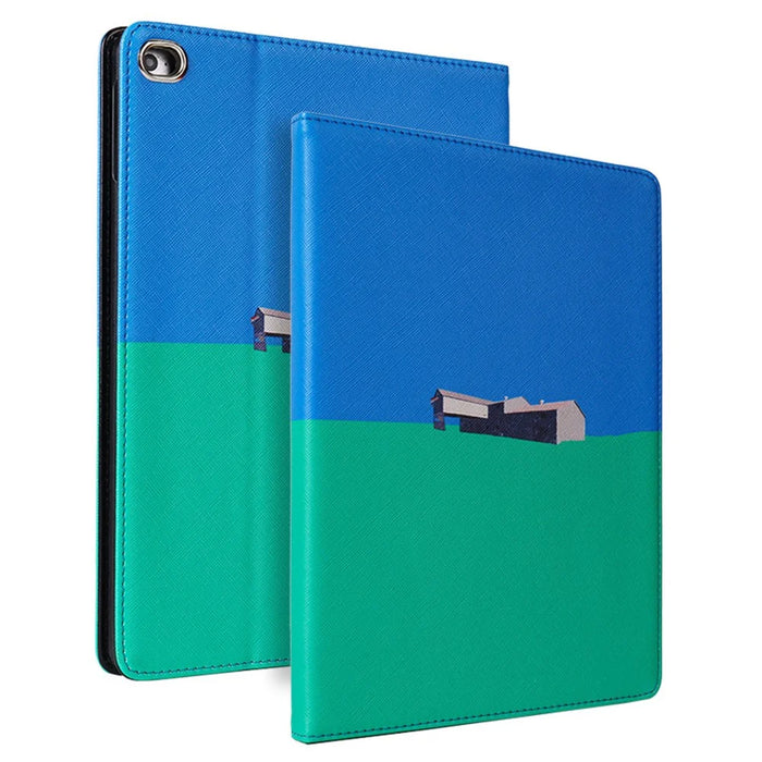 New Two-tone Pattern Printing Leather Tablet Case for iPad 9.7-inch (2018)/(2017) - Green/Blue - 1
