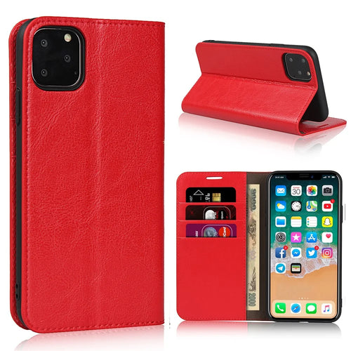 Crazy Horse Genuine Leather Case with Wallet Stand for iPhone 11 Pro Max 6.5 inch - Red - 1