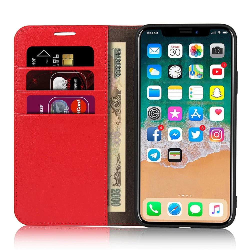 Crazy Horse Genuine Leather Case with Wallet Stand for iPhone 11 Pro Max 6.5 inch - Red - 4