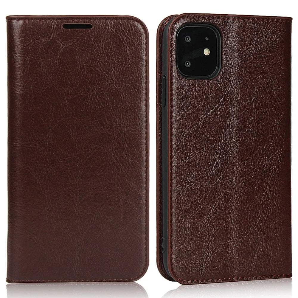 For iPhone 11 6.1 inch Crazy Horse Skin Genuine Leather Case Shockproof TPU Stand Wallet Flip Folio Cover - Coffee - 1