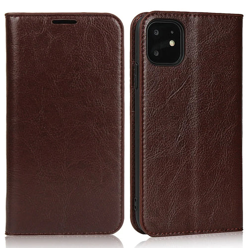 For iPhone 11 6.1 inch Crazy Horse Skin Genuine Leather Case Shockproof TPU Stand Wallet Flip Folio Cover - Coffee - 1