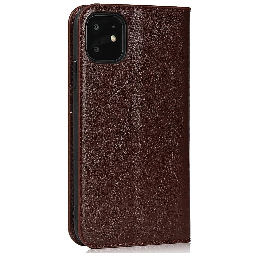 For iPhone 11 6.1 inch Crazy Horse Skin Genuine Leather Case Shockproof TPU Stand Wallet Flip Folio Cover - Coffee - 3