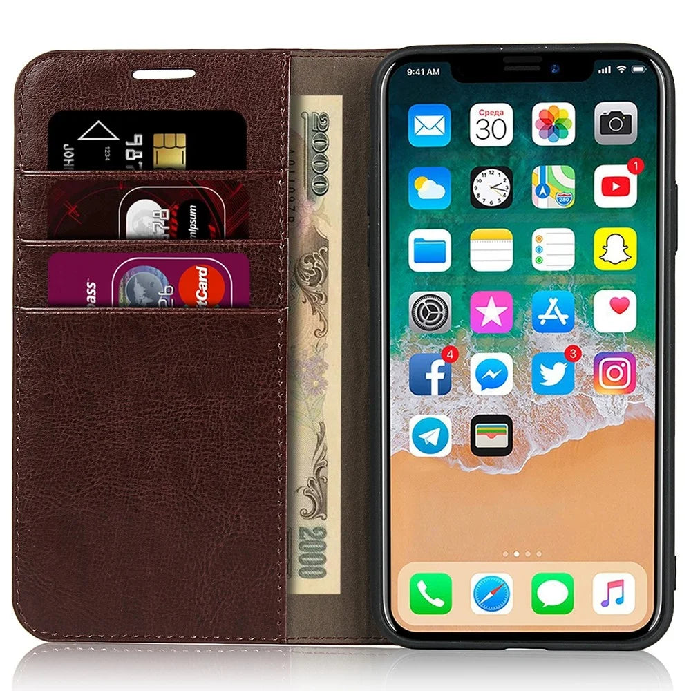 For iPhone 11 6.1 inch Crazy Horse Skin Genuine Leather Case Shockproof TPU Stand Wallet Flip Folio Cover - Coffee - 5