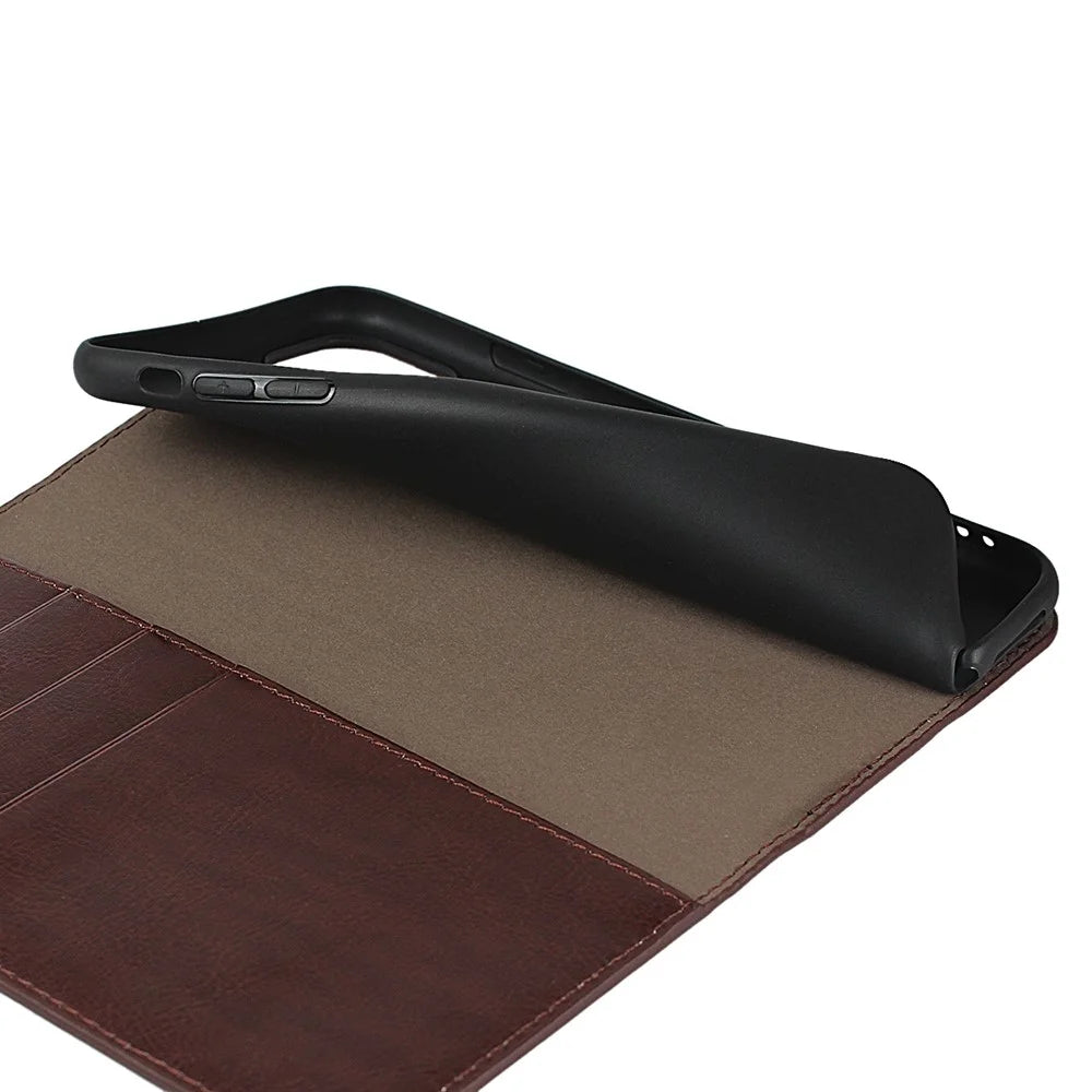 For iPhone 11 6.1 inch Crazy Horse Skin Genuine Leather Case Shockproof TPU Stand Wallet Flip Folio Cover - Coffee - 6