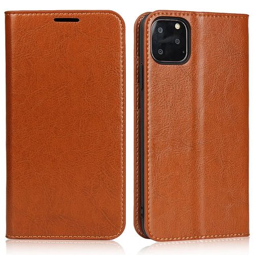 For iPhone 11 Pro 5.8 inch Crazy Horse Skin Genuine Leather Phone Case Wallet Stand Cover - Brown - 1