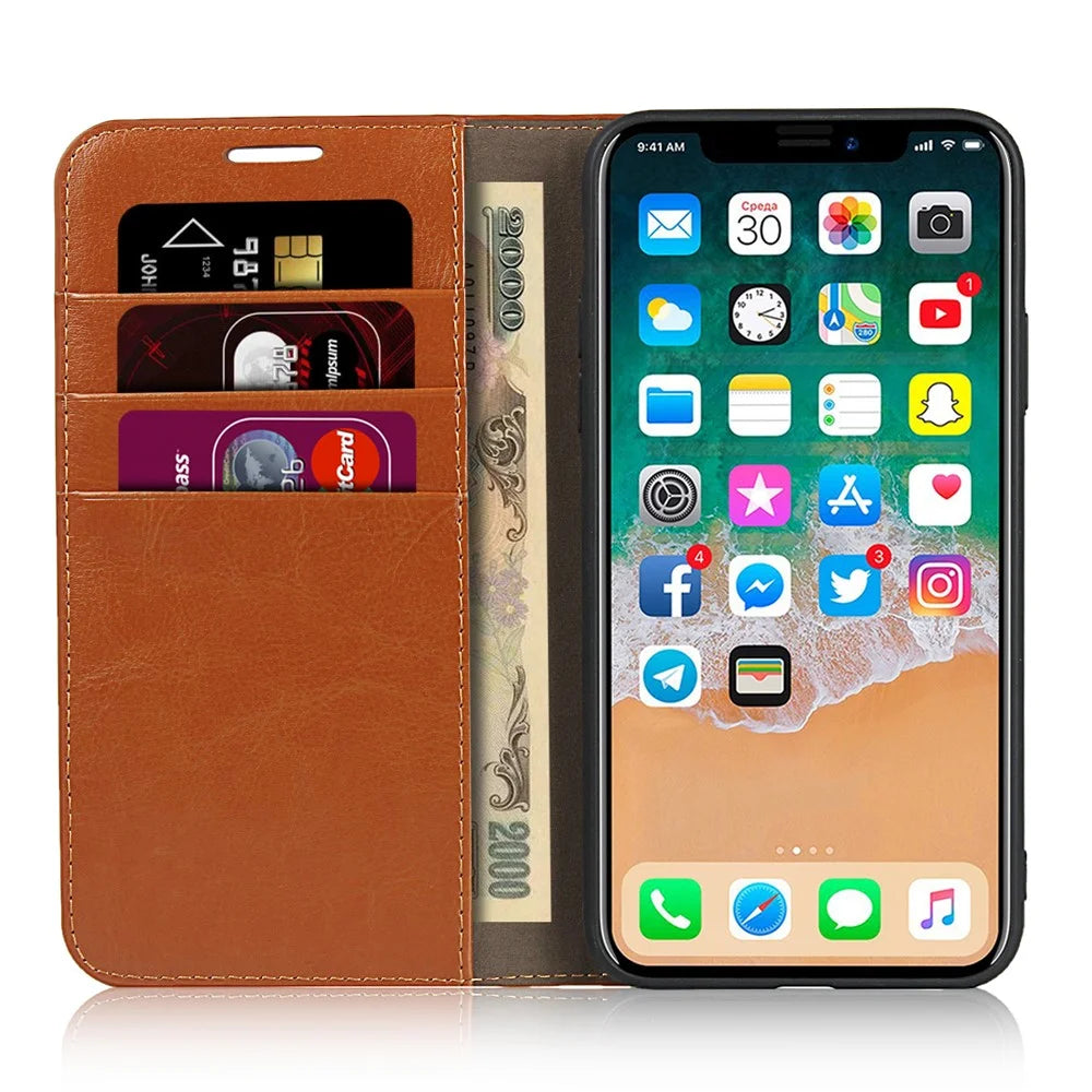 For iPhone 11 Pro 5.8 inch Crazy Horse Skin Genuine Leather Phone Case Wallet Stand Cover - Brown - 4