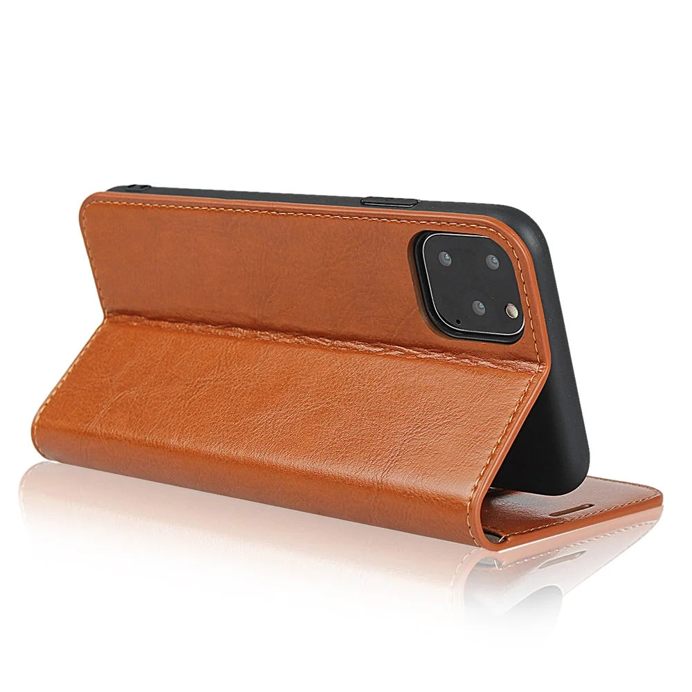 For iPhone 11 Pro 5.8 inch Crazy Horse Skin Genuine Leather Phone Case Wallet Stand Cover - Brown - 5