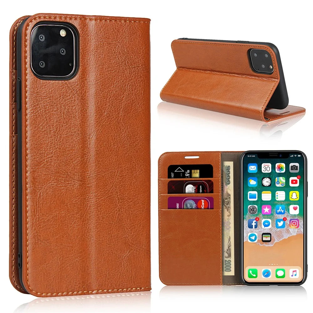 For iPhone 11 Pro 5.8 inch Crazy Horse Skin Genuine Leather Phone Case Wallet Stand Cover - Brown - 7