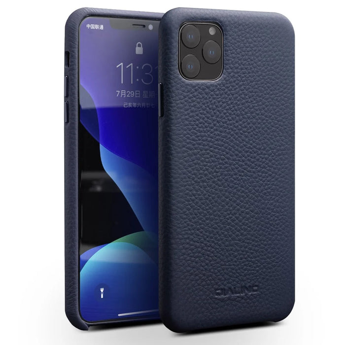 QIALINO for iPhone 11 Pro Max 6.5-inch Case Genuine Leather Litchi Texture Phone Back Cover - Dark Blue - 1
