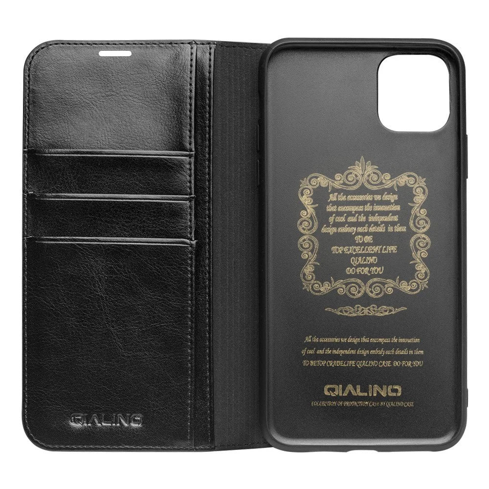 QIALINO For iPhone 11 6.1 inch Phone Case Genuine Cowhide Leather Wallet Protective Cover Shell - Black - 2