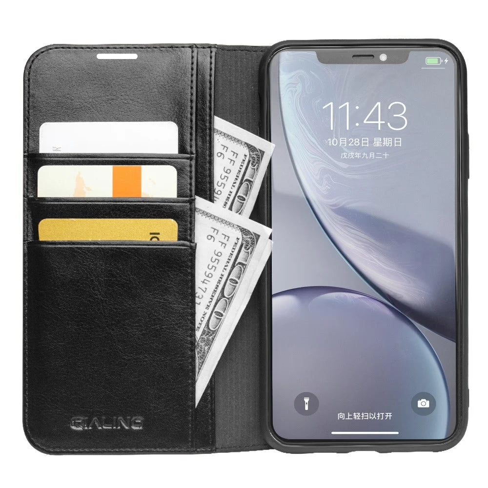 QIALINO For iPhone 11 6.1 inch Phone Case Genuine Cowhide Leather Wallet Protective Cover Shell - Black - 3