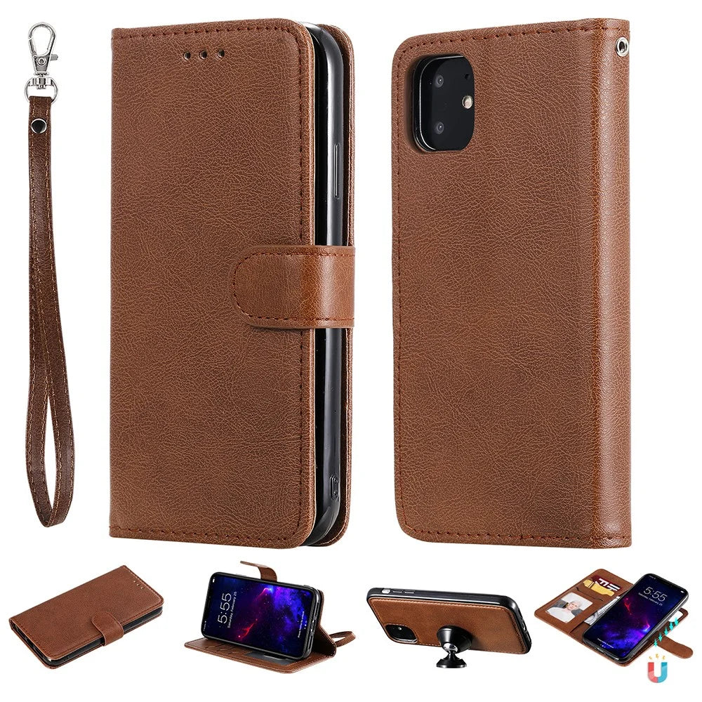 For iPhone 11 Case 2 in 1 Detachable Magnetic Leather Wallet Mobile Cover with Strap - Brown - 1