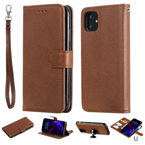 For iPhone 11 Case 2 in 1 Detachable Magnetic Leather Wallet Mobile Cover with Strap - Brown - 1