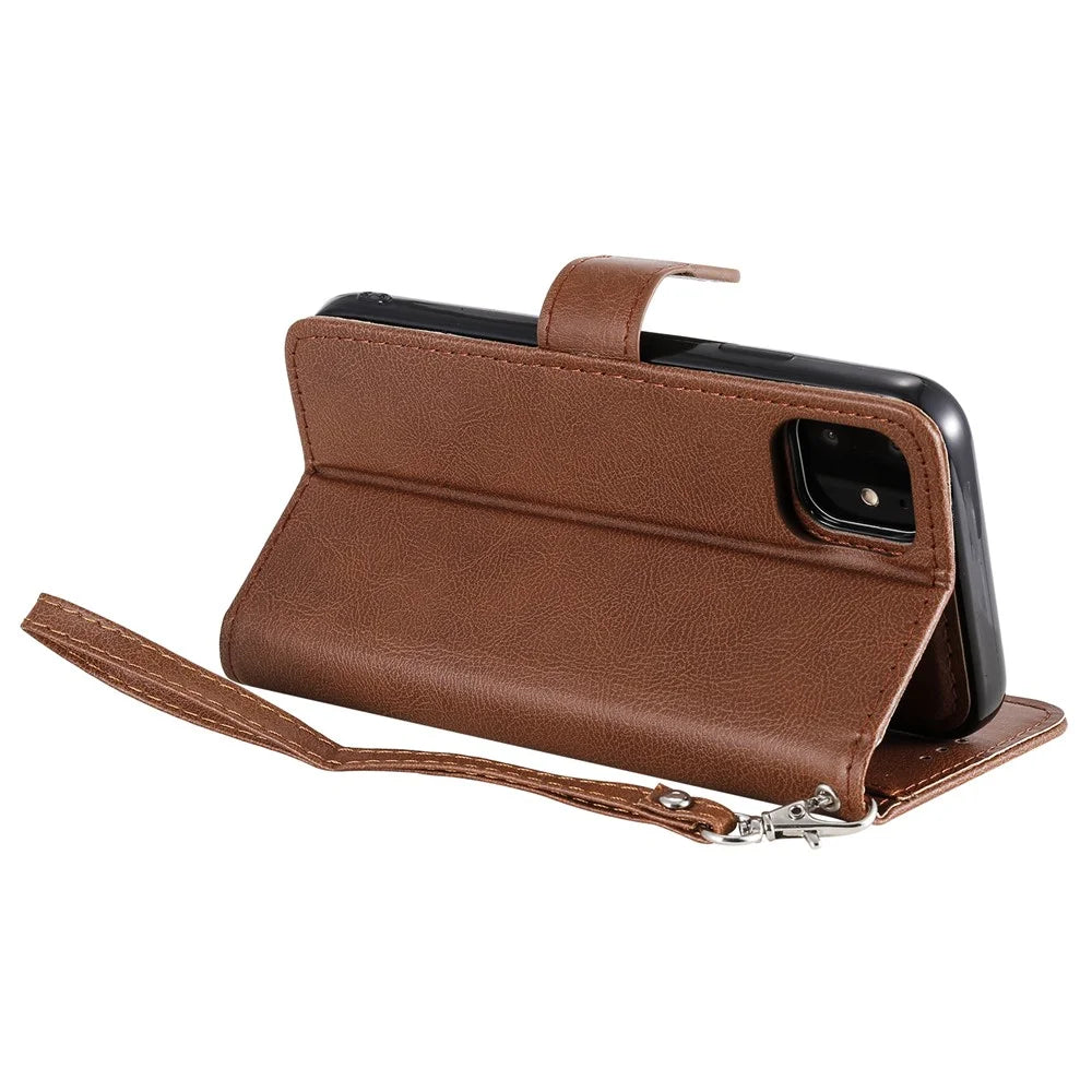 For iPhone 11 Case 2 in 1 Detachable Magnetic Leather Wallet Mobile Cover with Strap - Brown - 6