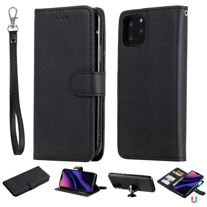 For iPhone 11 Pro Case 2 in 1 Detachable Magnetic Leather Wallet Mobile Cover with Strap - Black - 1