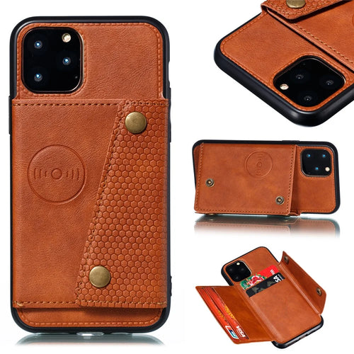 Kickstand Card Holder PU Leather Coated TPU Case for iPhone 11 6.1 inch - Brown - 1
