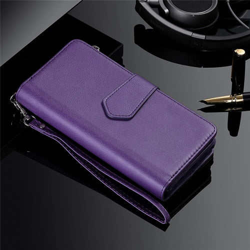 For iPhone 11 Magnetic Leather Case Mobile Cover with Detachable Zipper Wallet Strap - Purple - 1