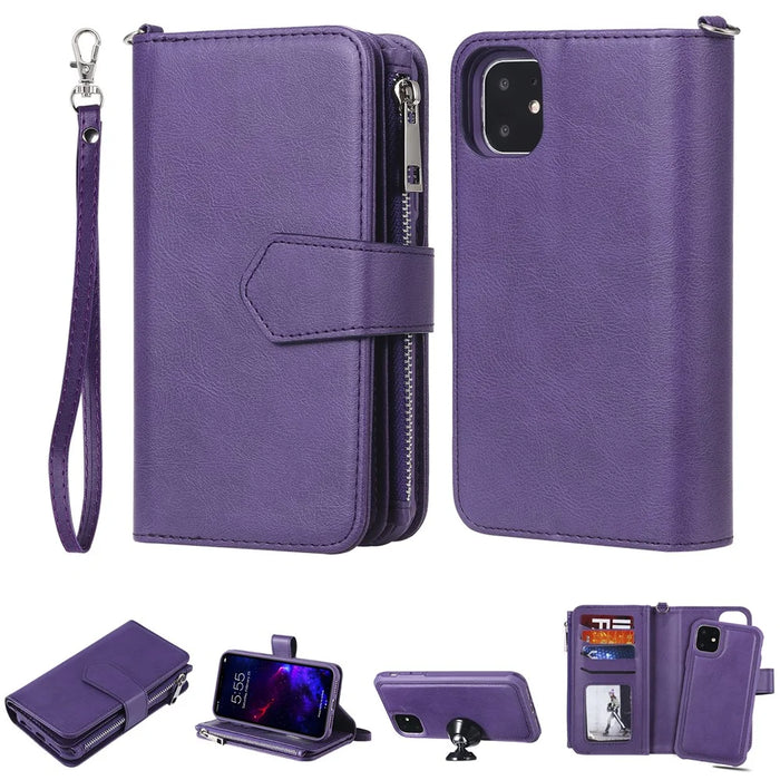 For iPhone 11 Magnetic Leather Case Mobile Cover with Detachable Zipper Wallet Strap - Purple - 2