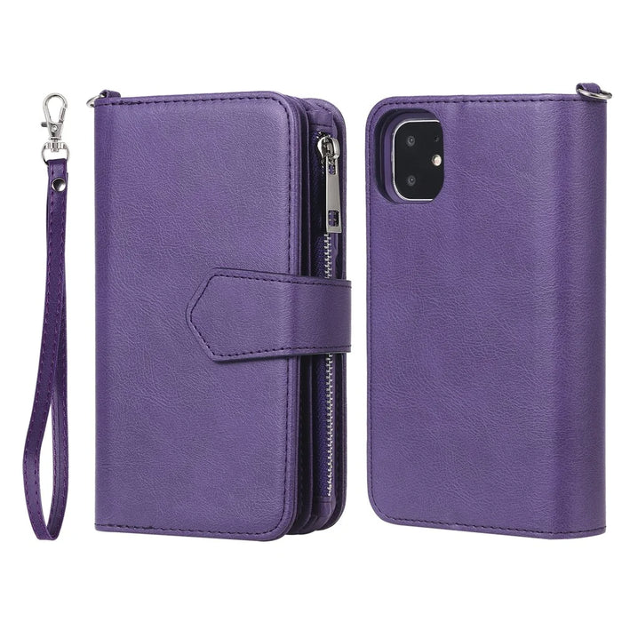 For iPhone 11 Magnetic Leather Case Mobile Cover with Detachable Zipper Wallet Strap - Purple - 3