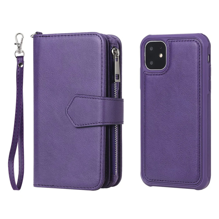 For iPhone 11 Magnetic Leather Case Mobile Cover with Detachable Zipper Wallet Strap - Purple - 4