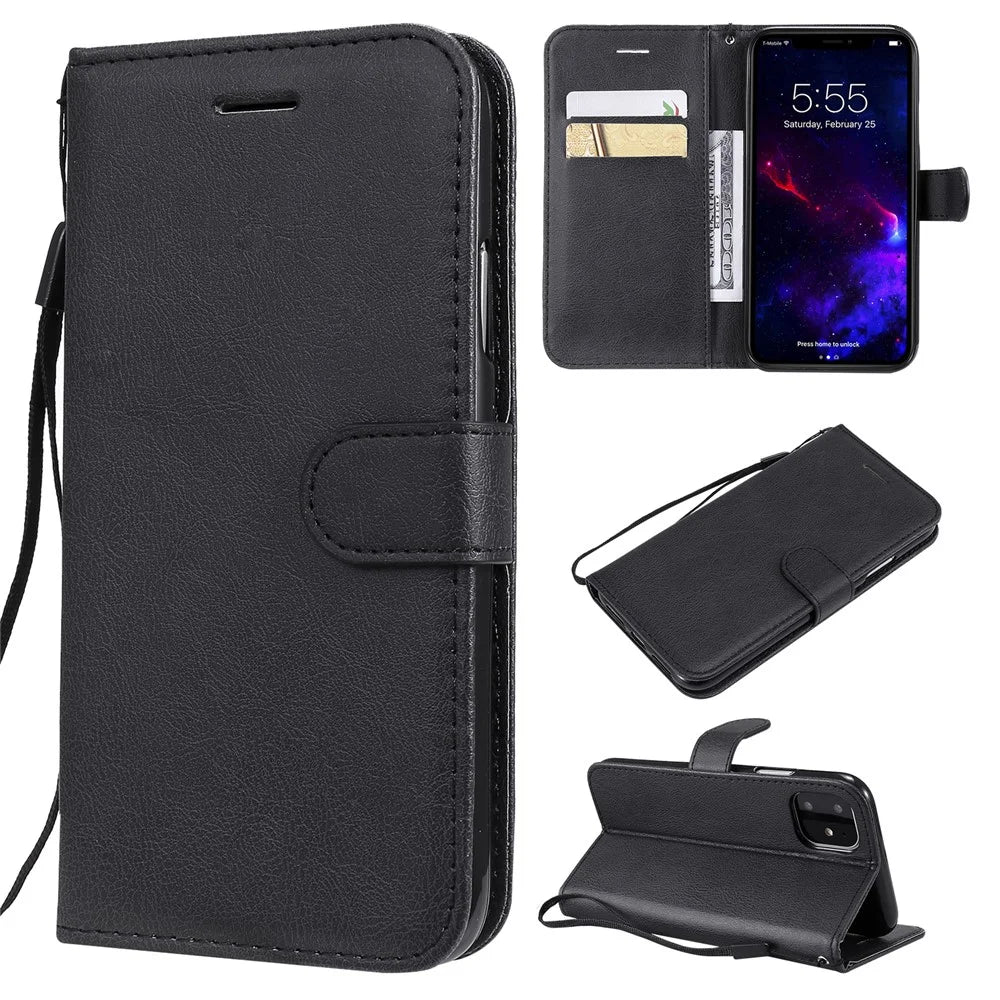 For iPhone 11 Case Solid Color Leather Mobile Cover Wallet Stand with Strap - Black - 1