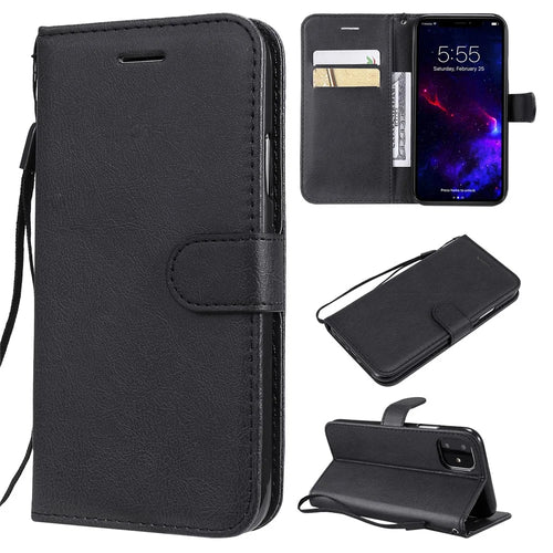For iPhone 11 Case Solid Color Leather Mobile Cover Wallet Stand with Strap - Black - 1