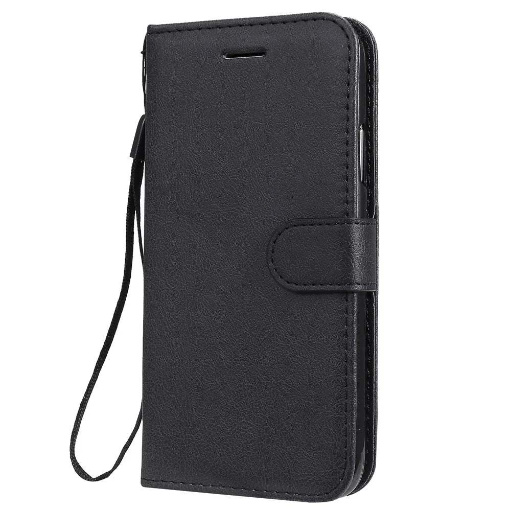 For iPhone 11 Case Solid Color Leather Mobile Cover Wallet Stand with Strap - Black - 2