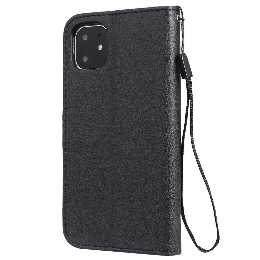 For iPhone 11 Case Solid Color Leather Mobile Cover Wallet Stand with Strap - Black - 3