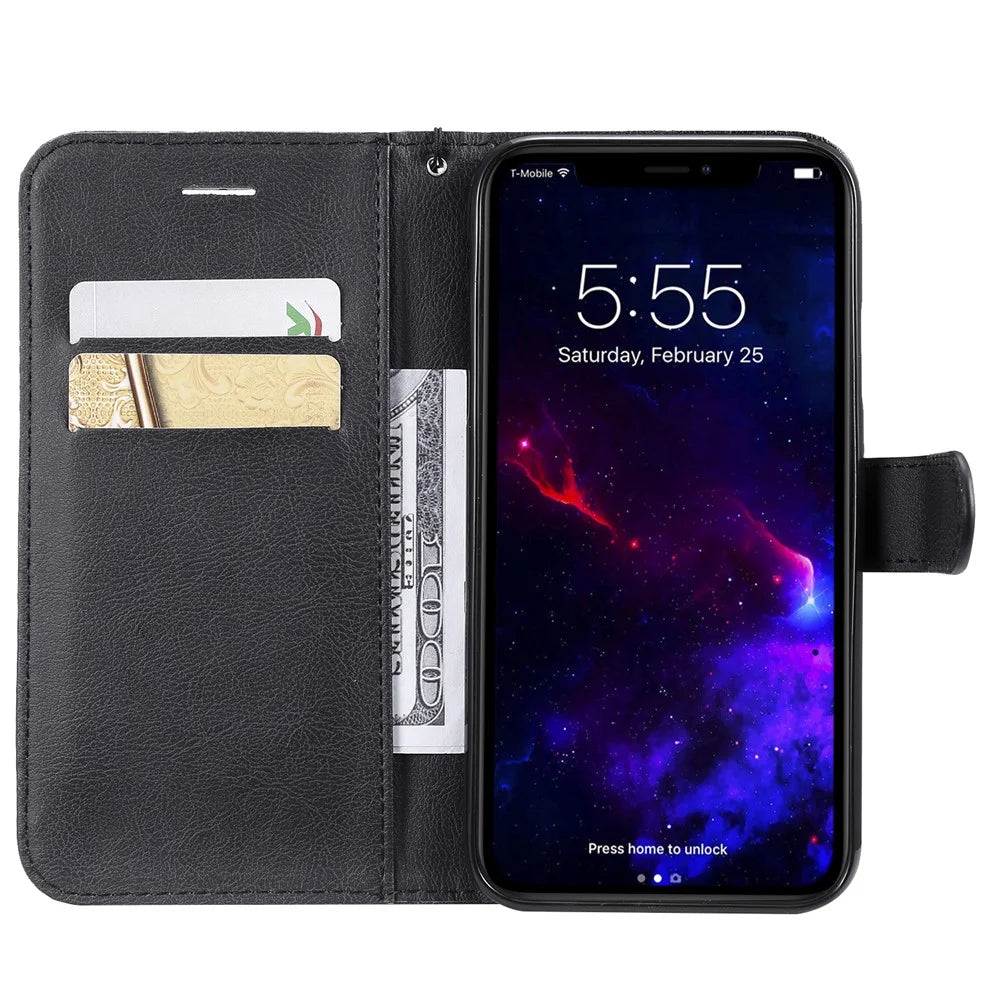 For iPhone 11 Case Solid Color Leather Mobile Cover Wallet Stand with Strap - Black - 4