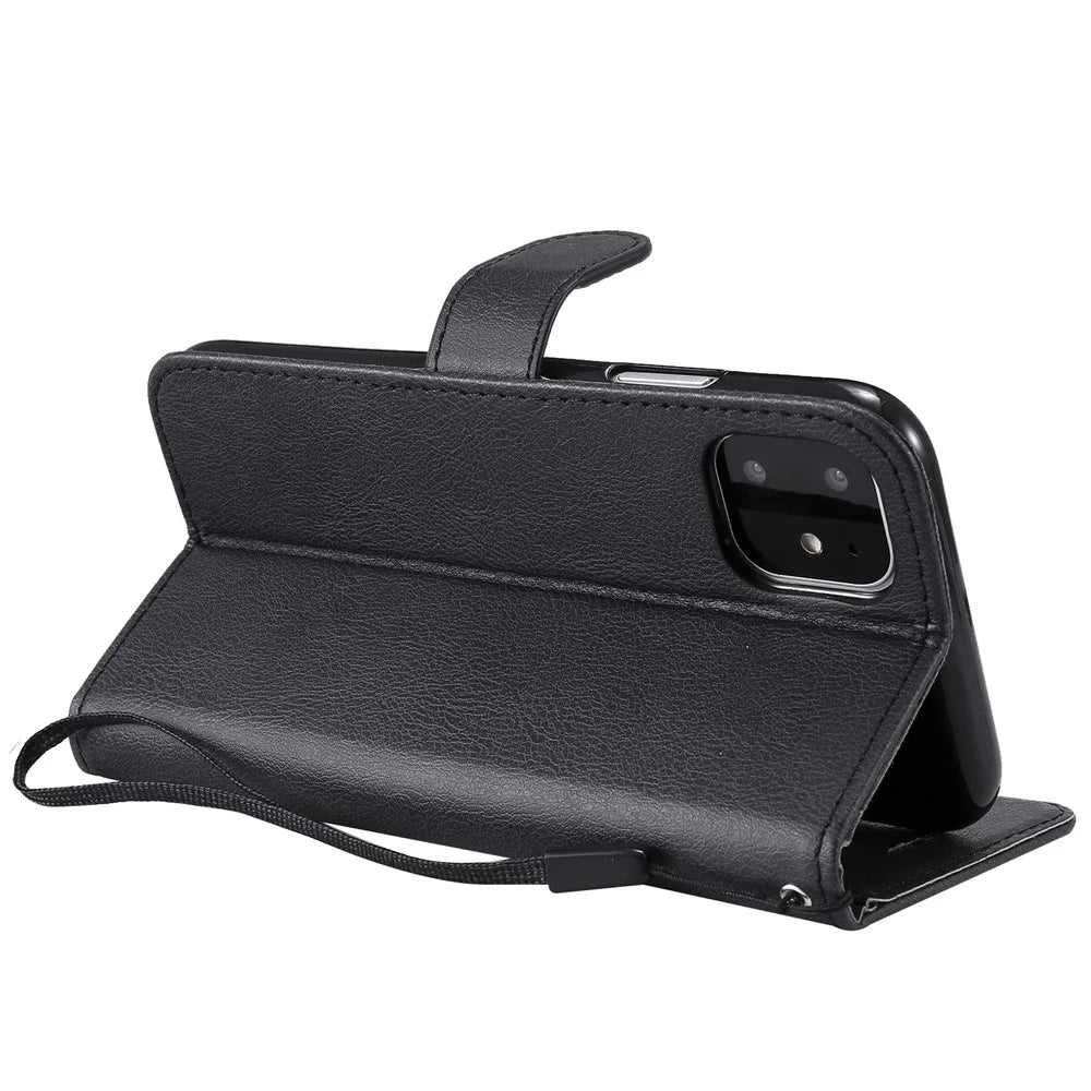 For iPhone 11 Case Solid Color Leather Mobile Cover Wallet Stand with Strap - Black - 5